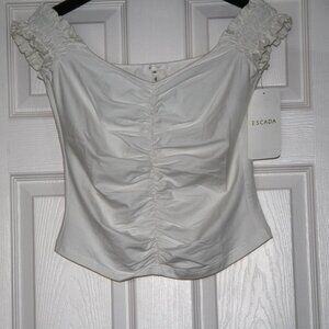 ESCADA White Stretch Cotton Blend Ruched Top On/Off Shoulder Italy Size EU 40